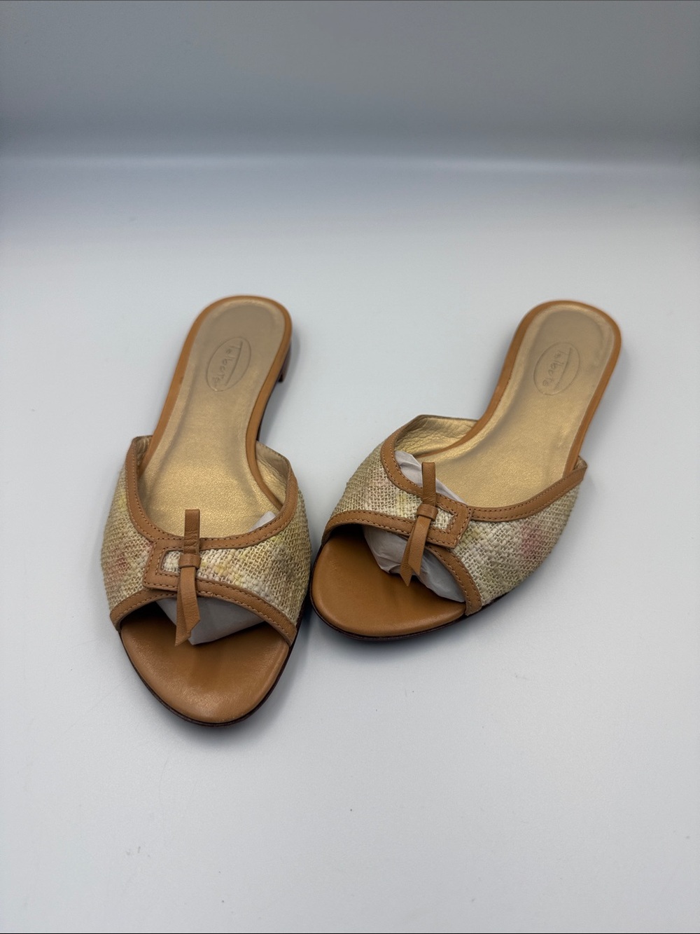Talbots Tan Woven Slide Mules with Gold Insole